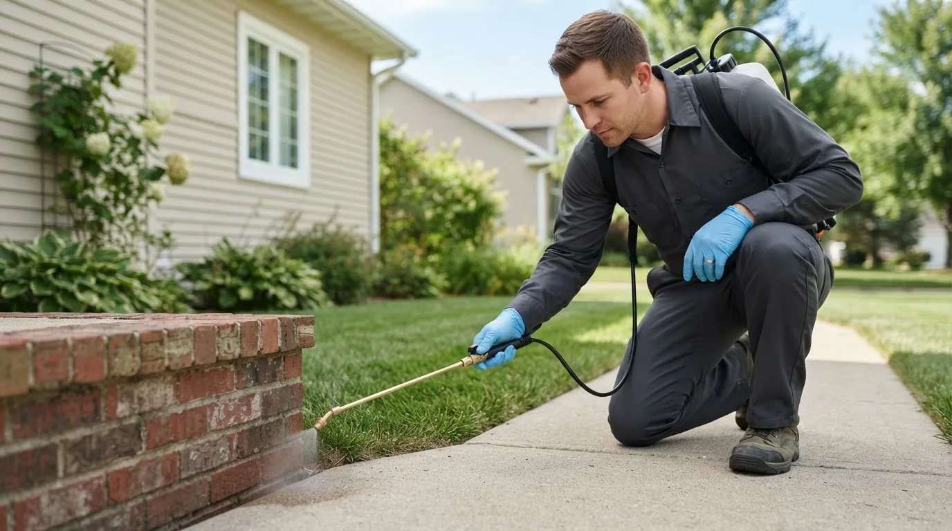 Pest control technician treating a home near Carrollton, MI