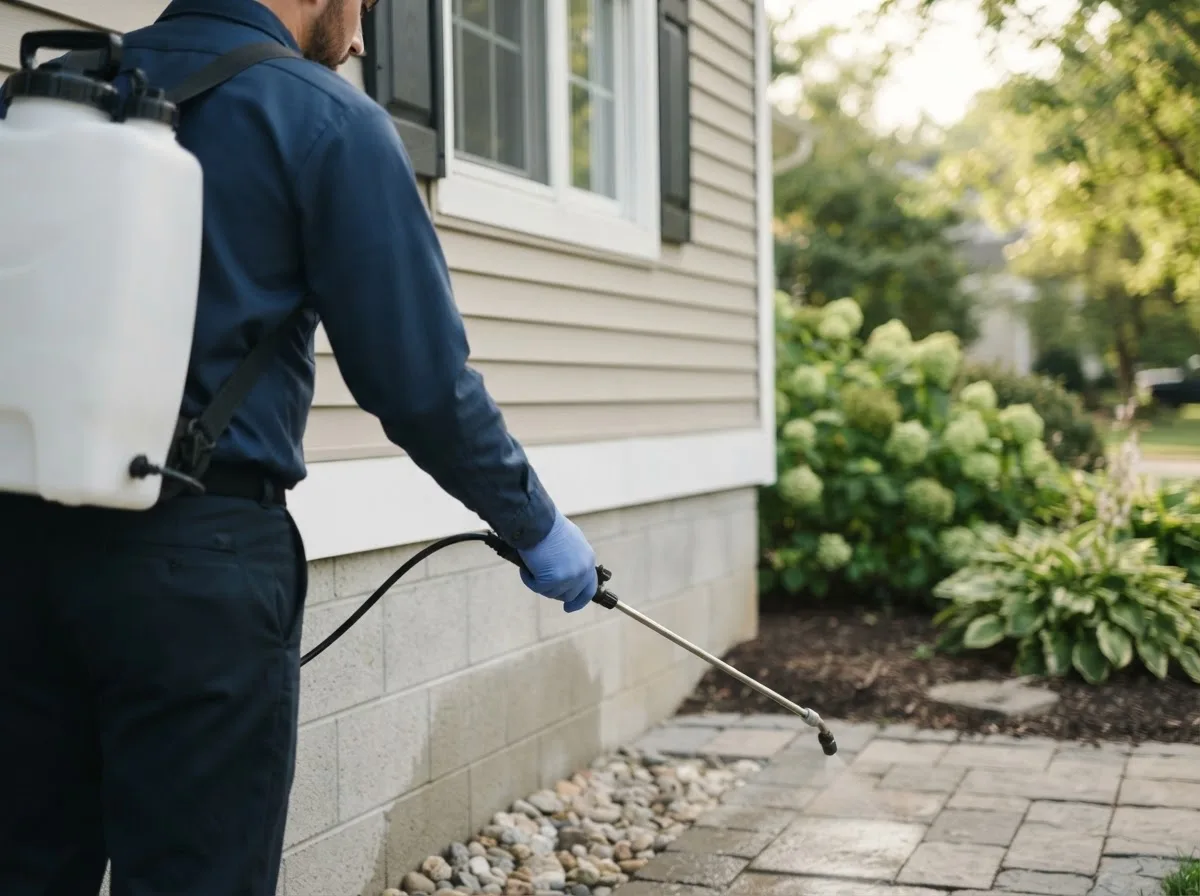 Pest control technician inspecting a home in Carrollton, MI